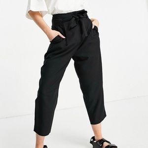 River Island Black High Waist Front Tie Paper Bag Waist Trousers (Size 8 Petite)